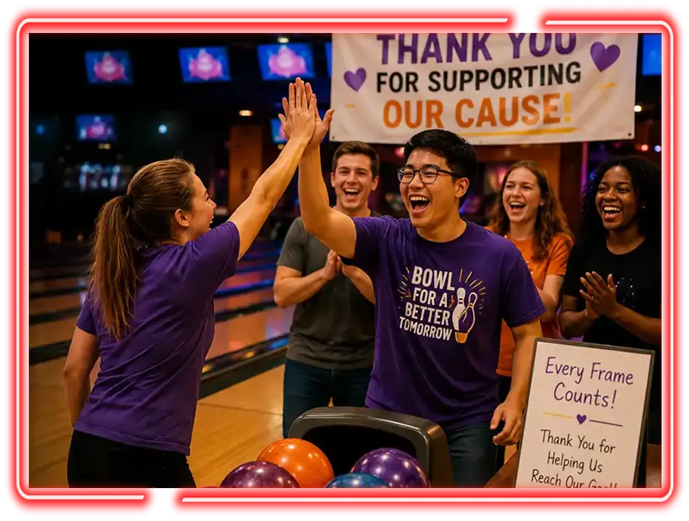 Bowlers high-fiving at a charity fundraiser event at Victory Lanes in Decatur, IL