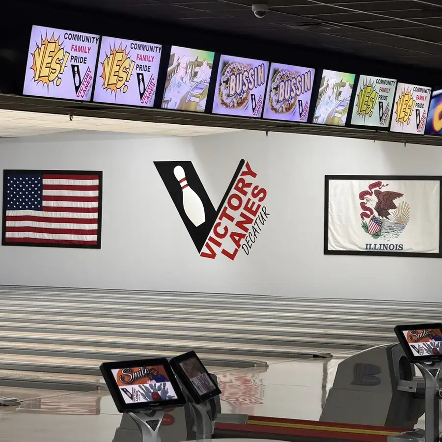 Victory Lanes logo displayed on the wall above the lanes in Decatur, IL